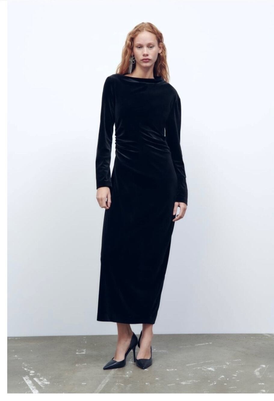ZARA Draped Velvet Maxi Dress Black Soft Luxe Funnel Neck Soft Luxurious Size S